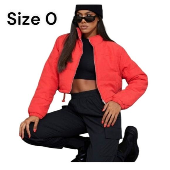 Pretty Little Thing size 0 red cropped puffer jacket with pockets - Picture 1 of 4